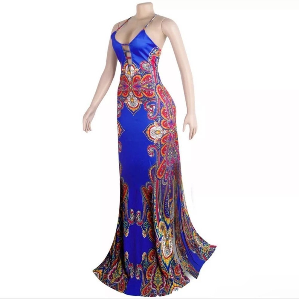 Bohemian Beach Vintage Tribal Print Slip Backless Casual Long Maxi Red LARGE - Picture 4 of 6